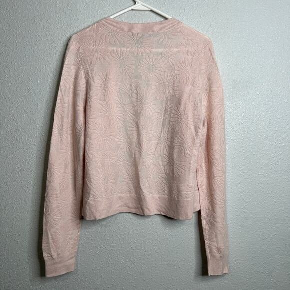 Ann Taylor Cardigan Womens Large Pink Floral Jacquard Open Front Crew Neck Knit - Picture 7 of 7